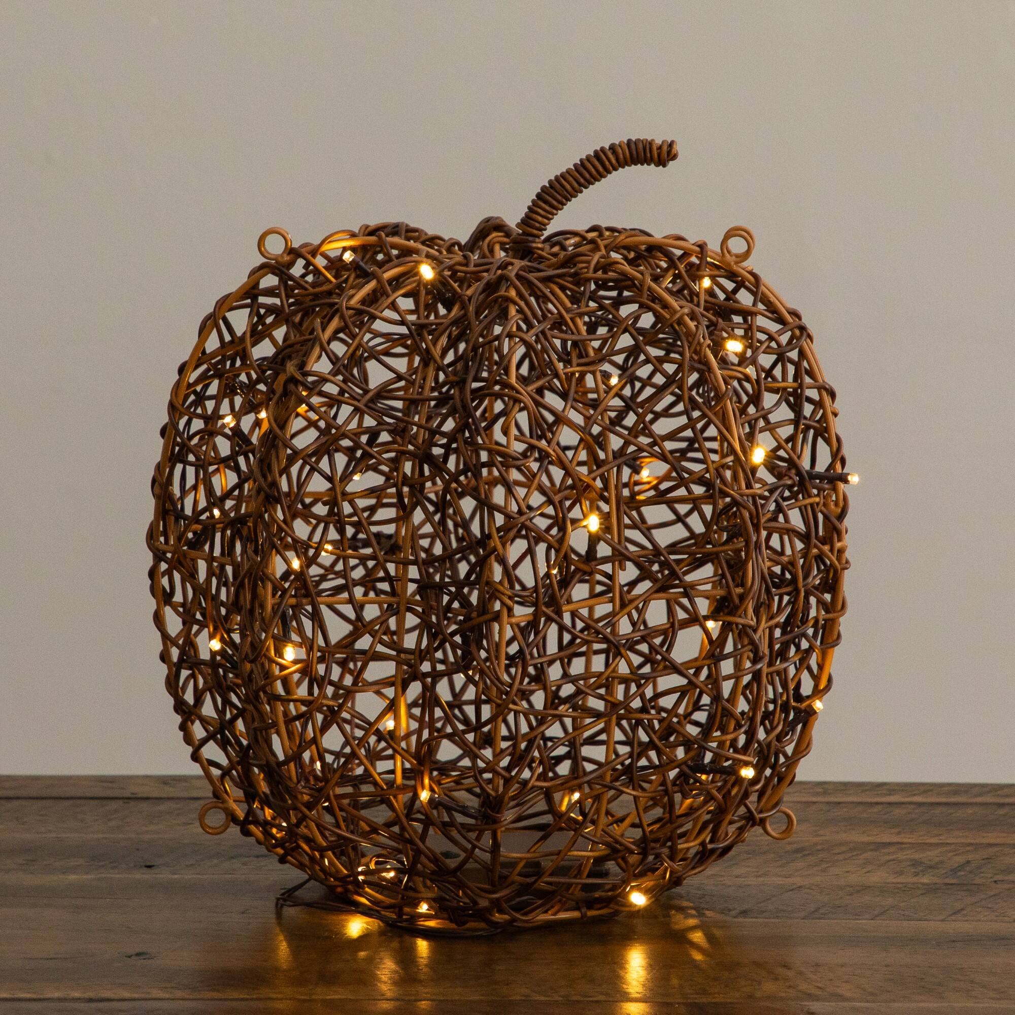 12" Pre-Lit Autumn Rattan Fall Pumpkin with 40 Warm White LED Lights